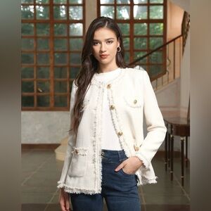 Ivory Tweed Blazer Jacket Gold Buttons Classic Holiday Women’s Small Pockets